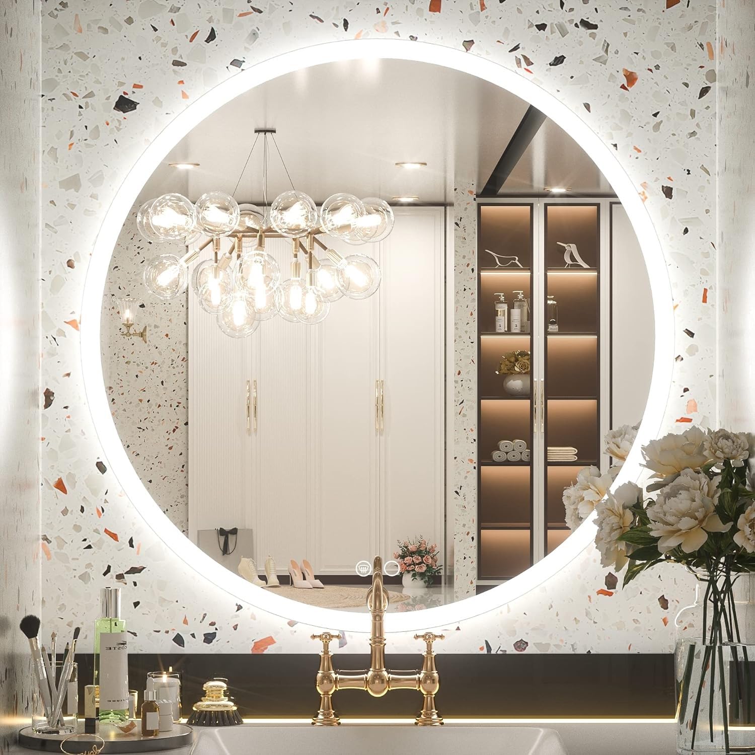 Miroir mural rond à LED de 111 cm grand format avec éclairage trois couleurs dimmable
