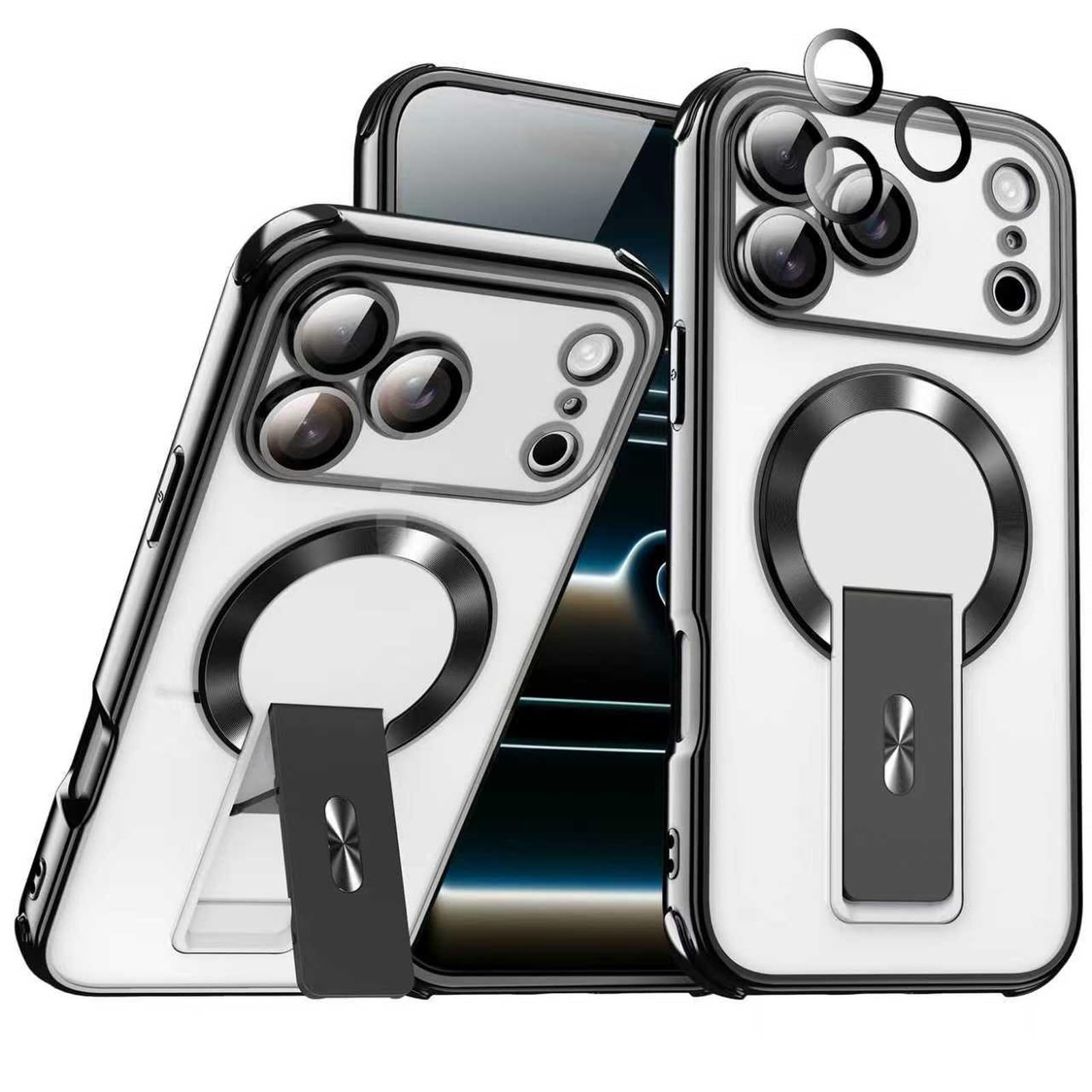 Generic Funda compatible con iPhone 15 (color: negro), funda protectora de lente de silicona transparente dura con función atril