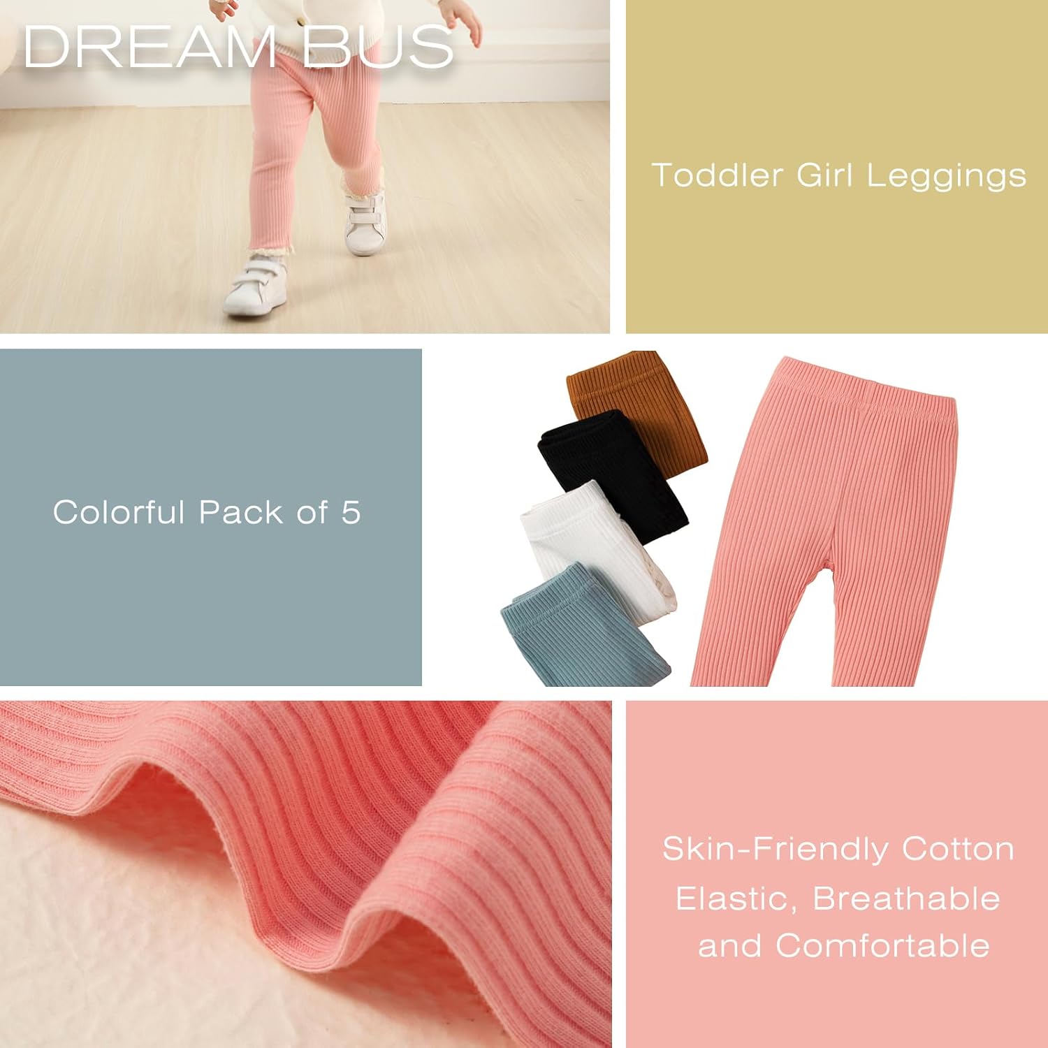 DREAM BUS 5 Pack Baby Girl Pants Toddler Girl Solid Ribbed Pants with Lace Trim Newborn Cotton Leggings Infant Jogger Pants - Image 4