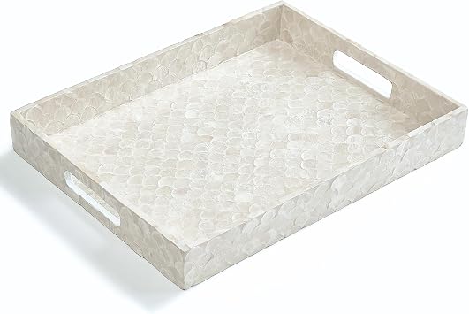CHI AN HOME Capiz Decorative Tray 15.8 x 11.8 x 1.8" Rectangular Tray, Natural Handmade Serving Tray with Handles for Coffee Tables, Ottoman, Vanity, Kitchen, Coastal Boho Home Decor, White