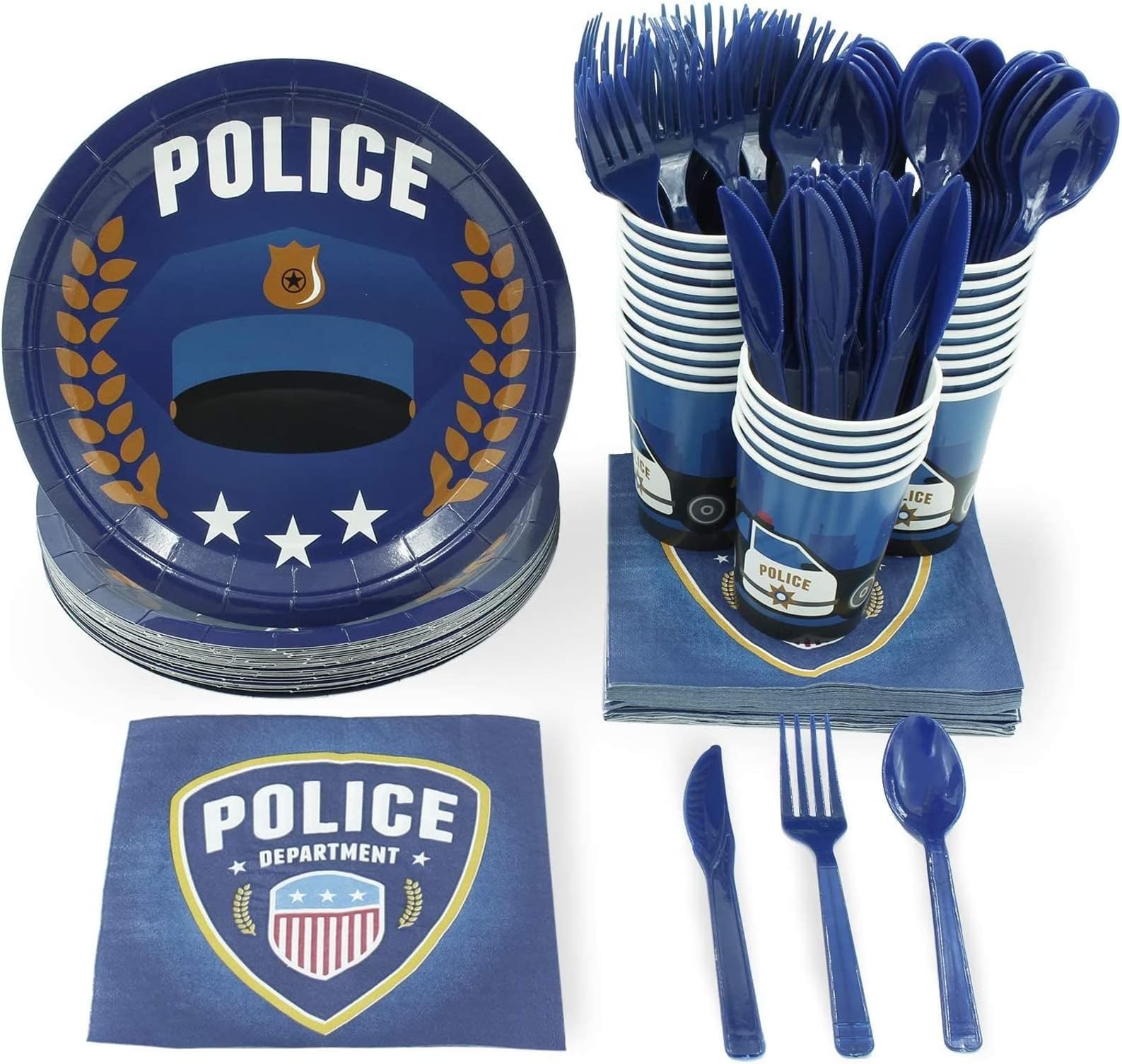 144 Piece Kids Police Birthday Party Supplies, Serves 24 Guests, Disposable Plates, Cocktail Napkins, Cups, Cutlery, Law Enforcement Themed Tableware for Party Decor
