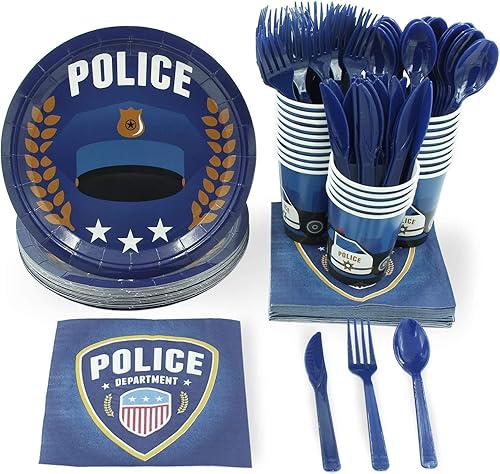 Juvale Decoraciones de fiesta de cumpleaños con temática de policía, juego de 144 piezas, color azul, suministros para fiestas de policía con platos