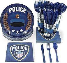 Juvale Police Theme Birthday Party Decorations - 144 Piece Set, Blue - Police Party Supplies with Disposable Plates, Cups, Napkins & Cutlery - Cop Car Birthday Decorations & Cake Accents for Kids
