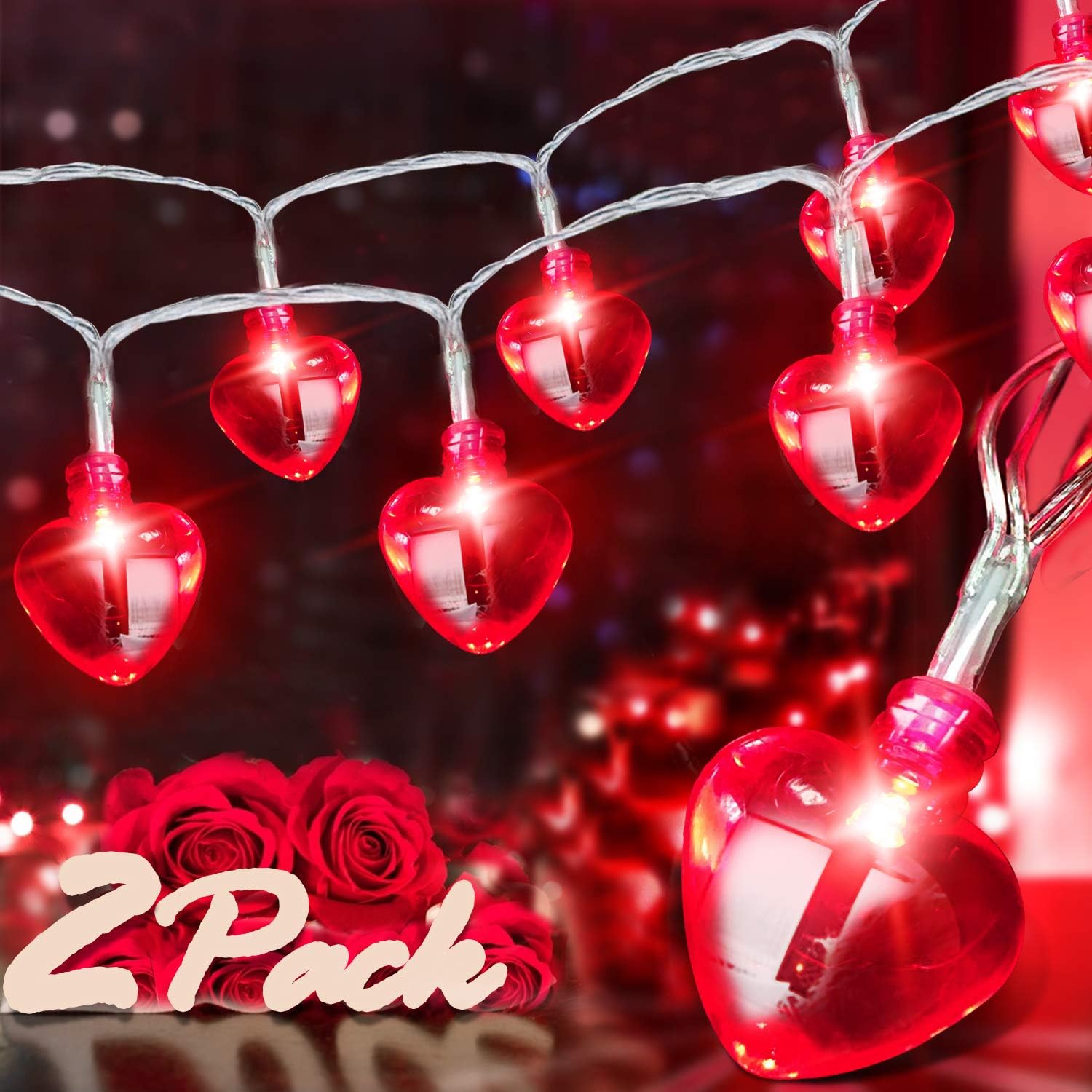 2 Pack Valentines Day Lights Decor for Home Indoor Outdoor Valentines Lights Decoration, 16.4FT 40LED 8 Mode Heart Lights Valentines Day Decorations String Lights Battery Operated for Home