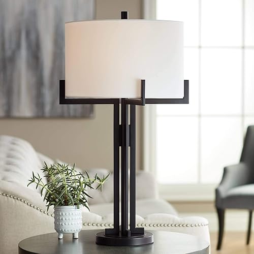 Franklin Iron Works Idira Modern Industrial Minimalist Style Table Lamp 31.5" Tall Black Metal White Drum Shade Decor for Living Room Bedroom House Bedside Nightstand Home Office Reading Entryway