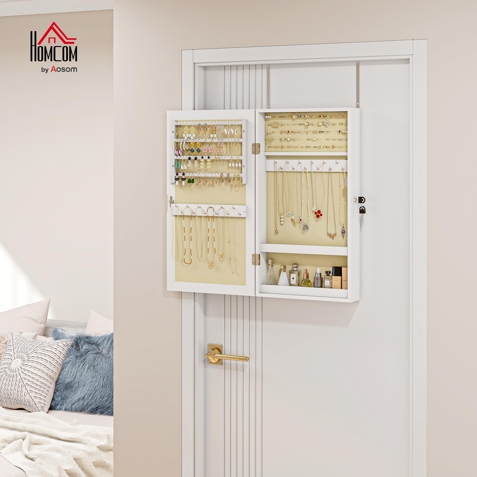 HOMCOM Espejo Joyero de Pared Armario para Joyas con Cerradura y Varios Compartimentos Montar en Pared o Puerta para Pendiente Collar Anillo Pulsera Blanco y Forro Crema