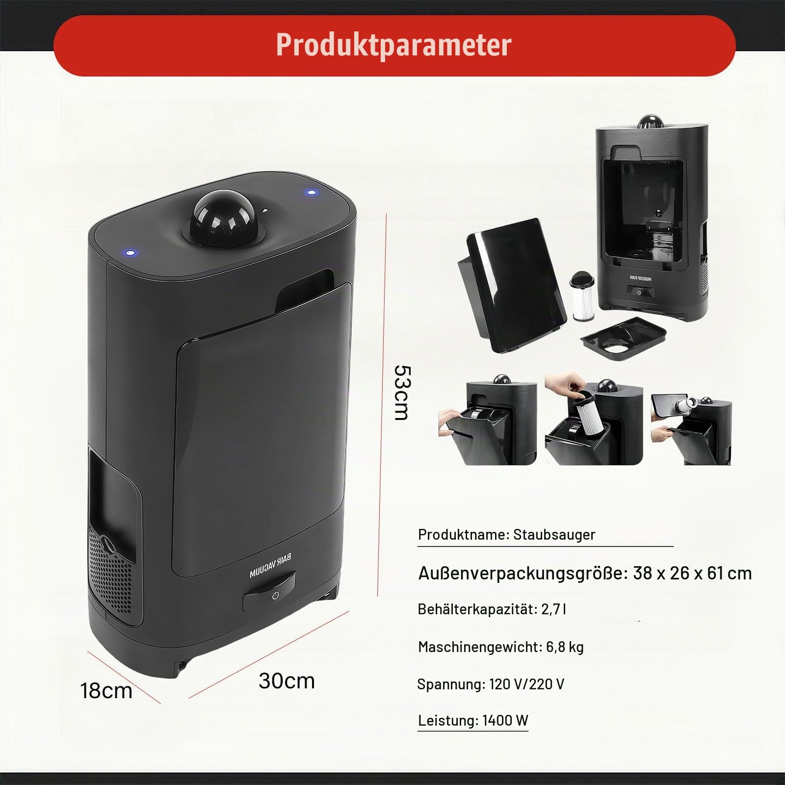 Intelligenter Infrarot Haarabsaugeimer, Berührungsloser Automatischer Kehrschaufel, 1400 W Leistungsstarke Und Energiesparende Reinigungslösung Für Küche Und Büro Zu Hause