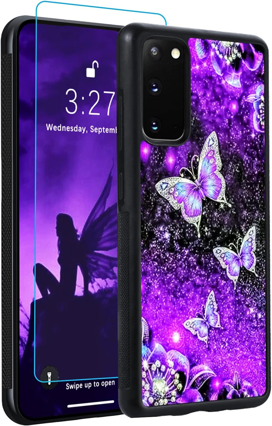 OOK Designs for Samsung Galaxy S20 Case Glitter Purple Butterfly Nebula Space Design Hard PC+Soft TPU Bumper Anti-Slip Ultra Thin Cover Protective Shockproof Case for Galaxy S20