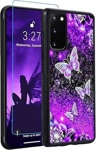 OOK Diseños para Samsung Galaxy S20 Funda Glitter Púrpura Mariposa Nebulosa Diseño Espacio PC Duro+Soft TPU Bumper Antideslizante Ultra Delgada