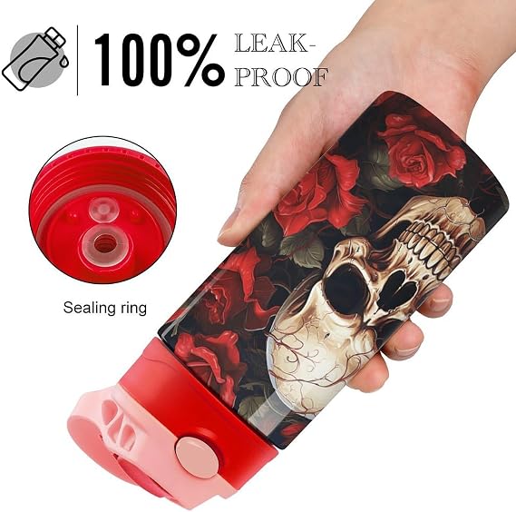 Stainless Steel Tumbler with Straw Skull Rose-Red Print Durable Thick Base Spill Proof Lid Perfect for Outdoor Adventures Daily Commutes