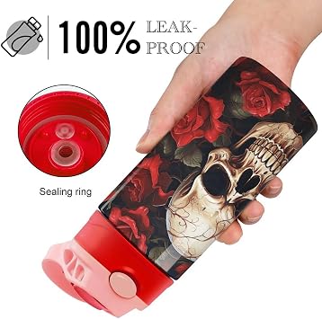 Stainless Steel Tumbler with Straw Skull Rose-Red Print Durable Thick Base Spill Proof Lid Perfect for Outdoor Adventures Daily Commutes