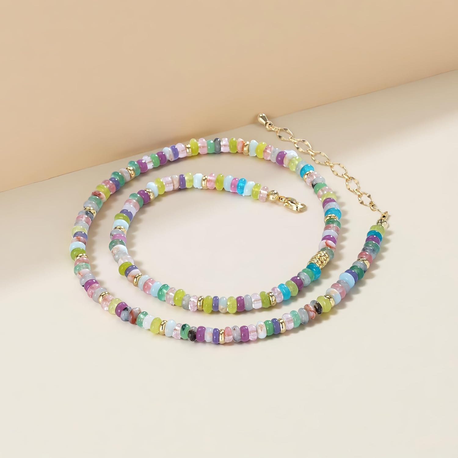 Handmade Boho Multi-Colored Gemstone Choker Necklace, 16" + 2" Extender, 18K Gold Plated, Rainbow Beaded Necklace for Women