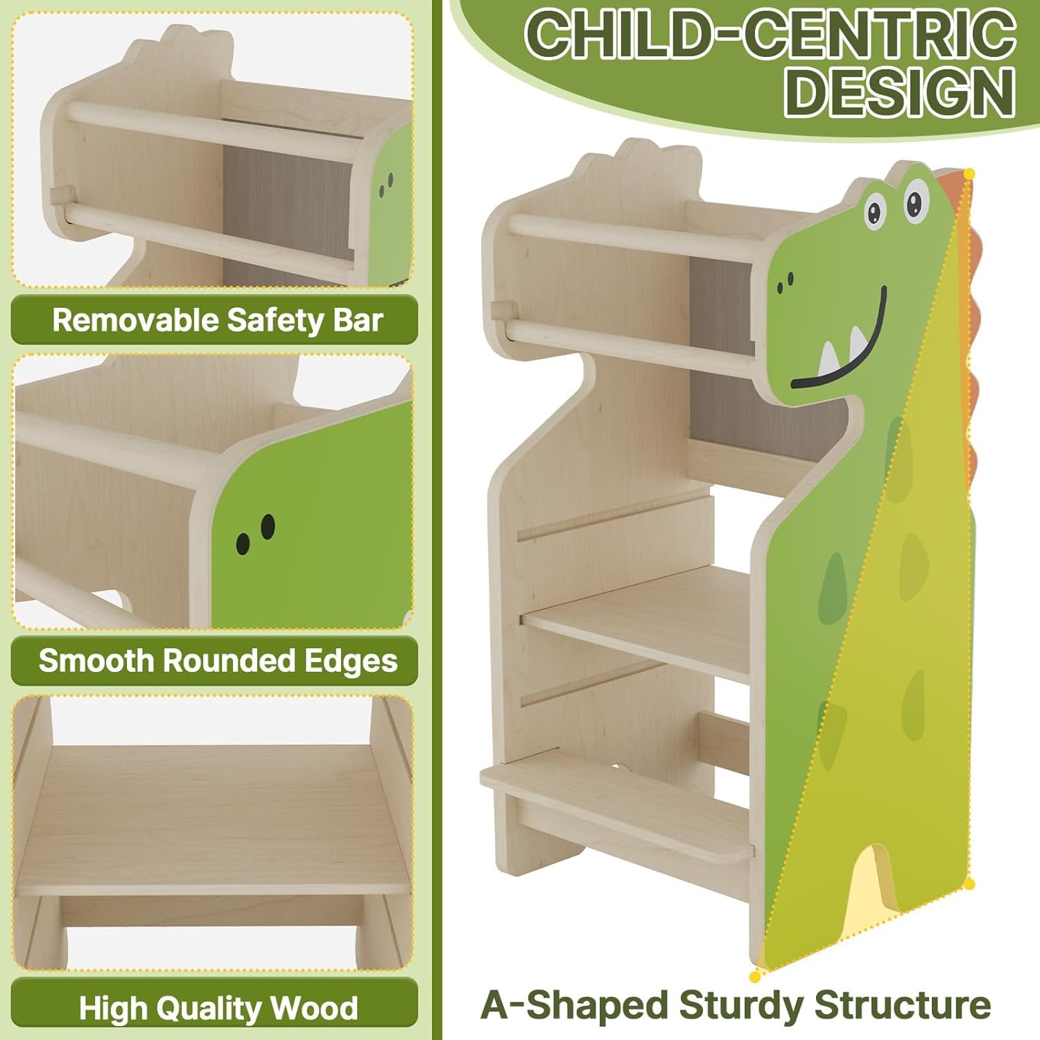 Toddler Standing Tower, Adjustable Height Toddler Kitchen Stool Helper with Blackboard, Dinosaur Kids Kitchen Step Stool for Learning New Skills