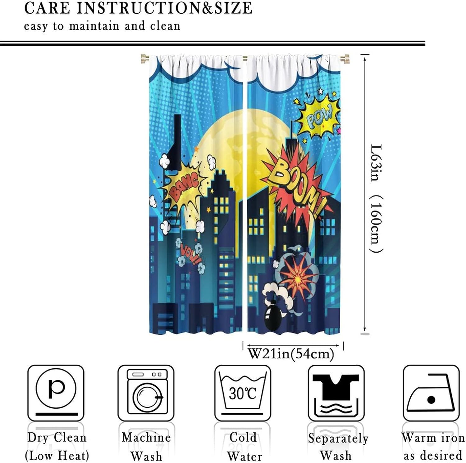 Comics Pop Art Rod Pocket Blackout Curtains - Boys Cartoon Moon City Night Buildings Scene Decor Window Treatment Set Energy Saving Thermal Insulated Drapes for Living Room 2 Panels 63L x 21W