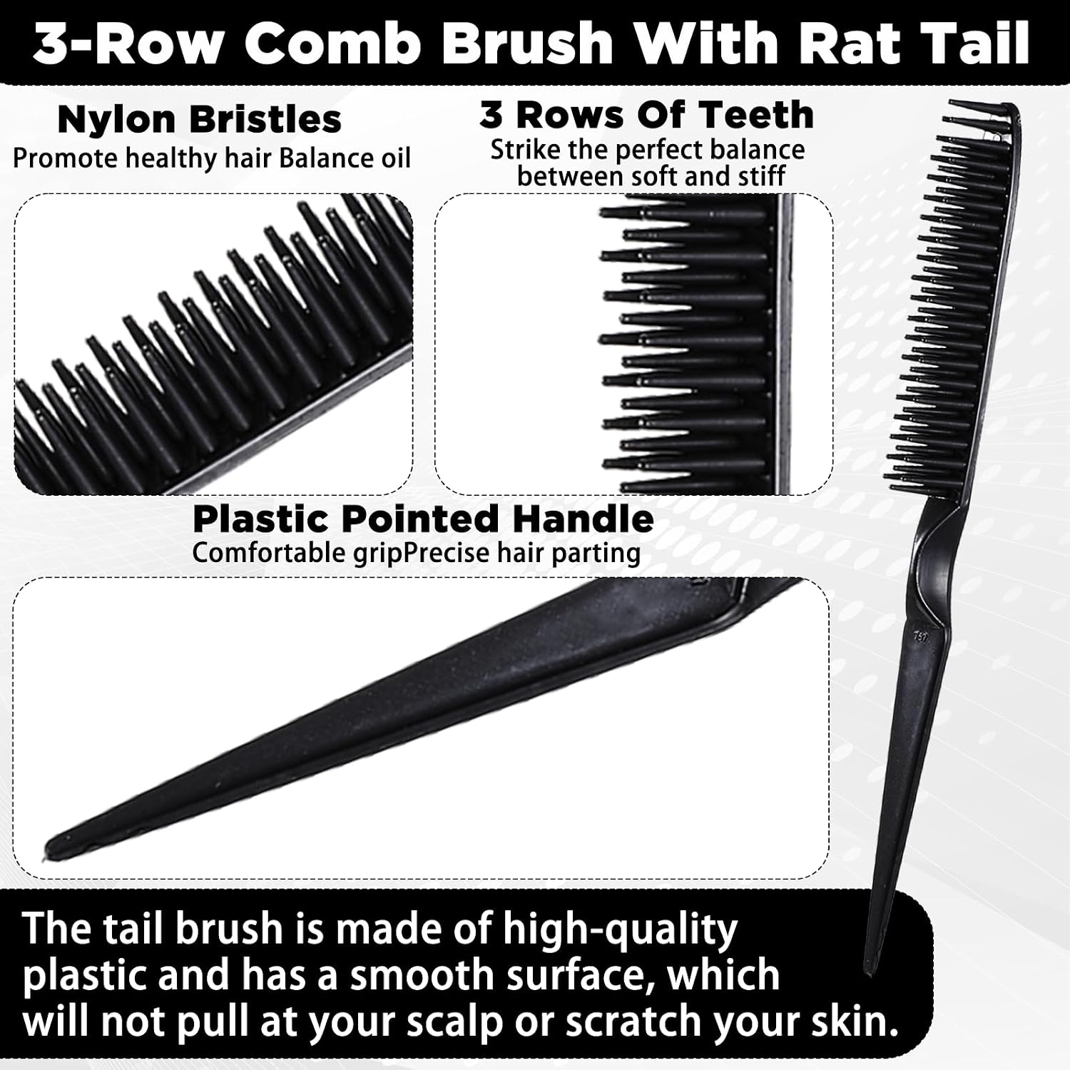 3 Row Hair Comb Set Rat Tail Styling Comb Curly Hair Styling Brush Black Unbraider Combs for Women Men Detangling Styling(2PCS)
