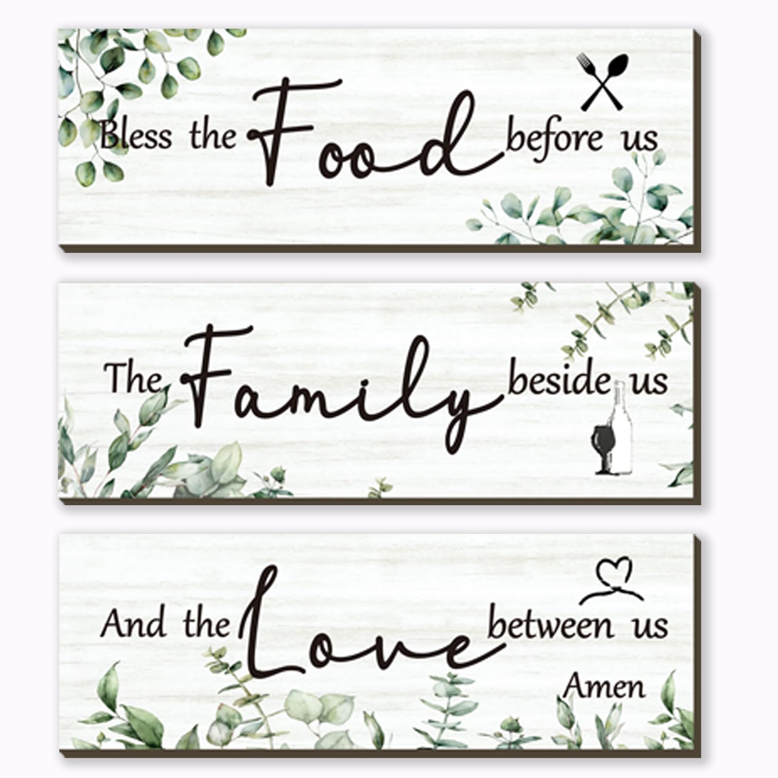 FENCORDAR 3 Pieces Green Kitchen Decor Eucalyptus Greenery Wooden Wall Art Family Dining Room Sign Sage Green Kitchen Wall Decor Rustic Farmhouse