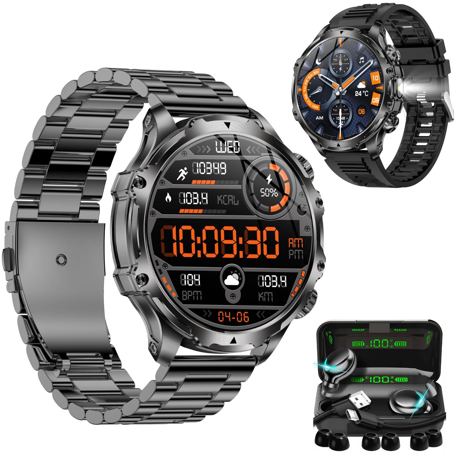 Smartwatch AK75 1.9" Bluetooth z rozmowami + słuchawki | Pulsometr, ciśnienie, SpO₂, 112 trybów sportowych, IP67, FitCloudPro, stalowa bransoleta i pasek silikonowy (czarny)