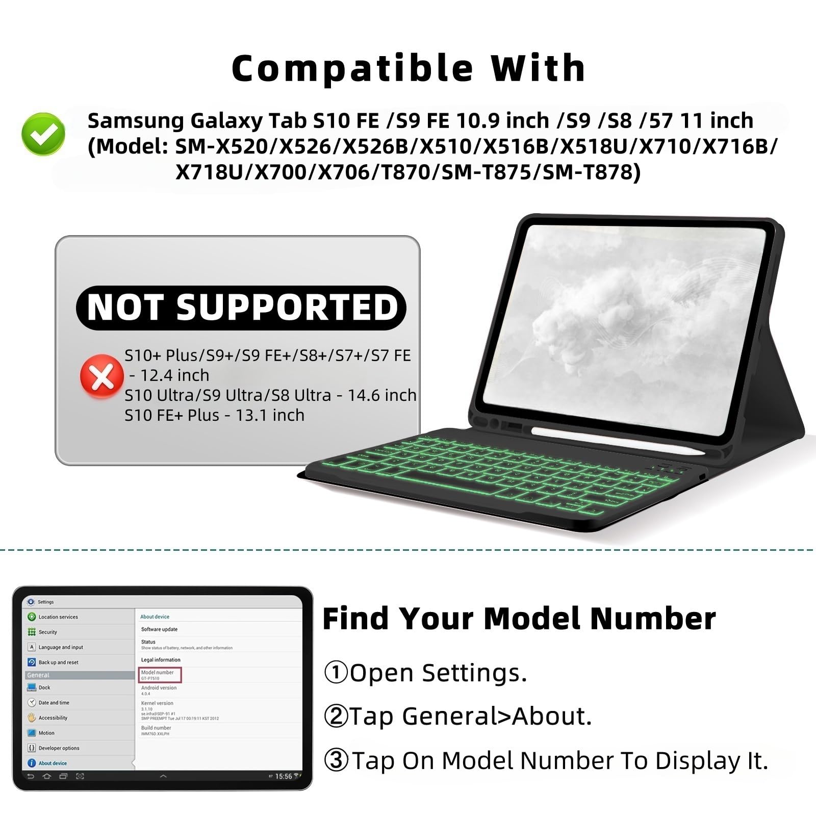 Bxomteng Keyboard Case for Samsung Galaxy Tab S10 FE & S9 FE 10.9 inch/Tab S9 & S8 & S7 11 inch - 7 Color Backlit with S Pencil Holder Keyboard, Slim Folio Case and Mouse (Black)