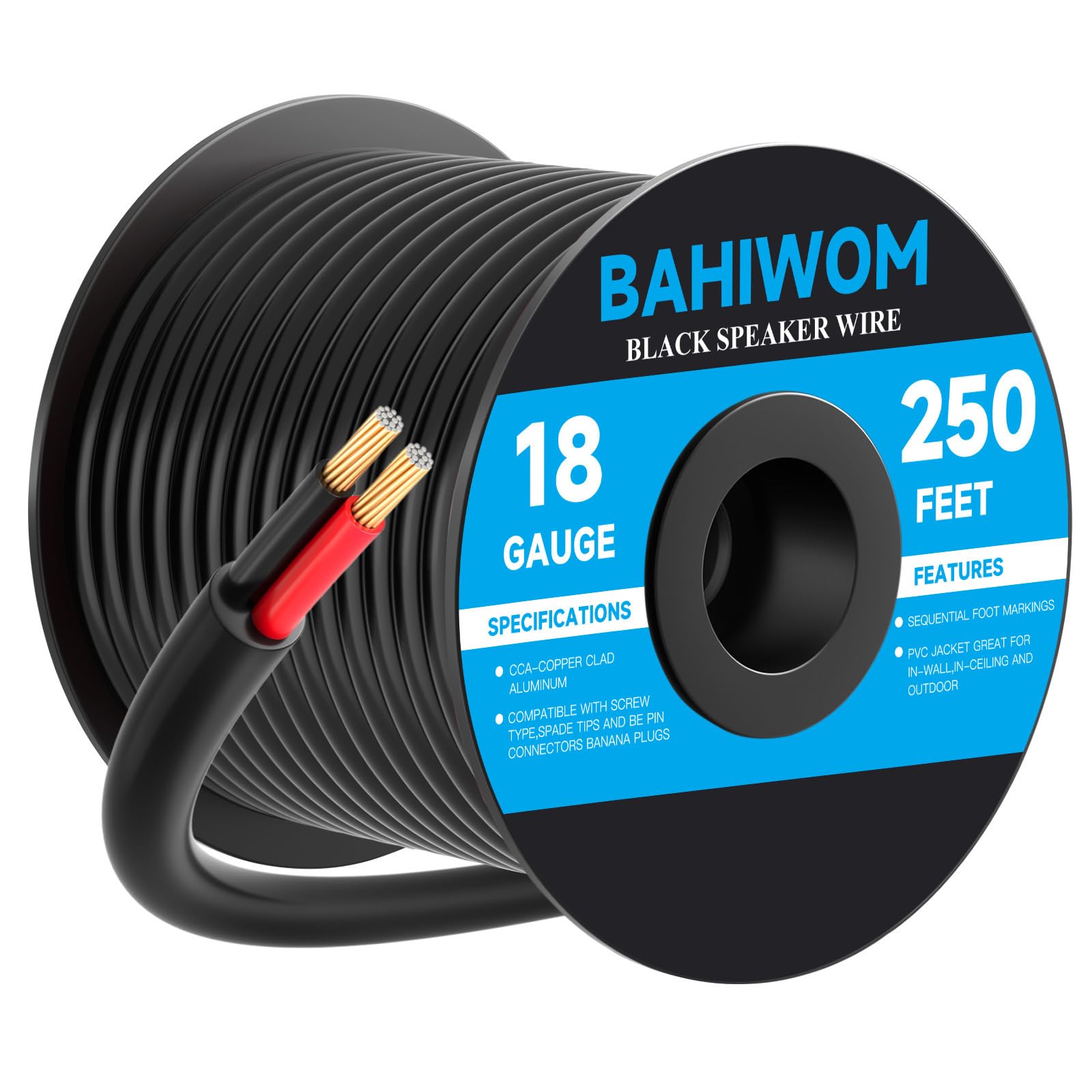 Cable de altavoz de calibre 18 de 250 pies CL3 relacionado con CCA negro con 2 conductores para enterramiento directo al aire libre, patio, jardín, hogar, coche, altavoz de pared