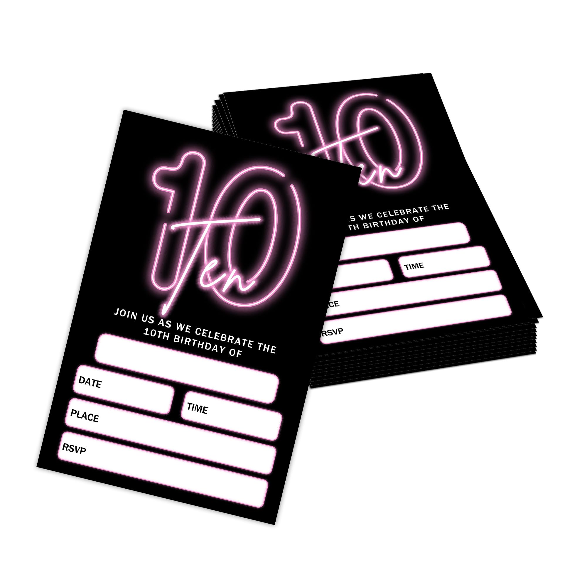 Utaqer 4"x6" 10th Birthday Party Invitation Cards With Envelopes set of 20, Pink Neon Ten Birthday Party Supplies for Boys, Girls, Kids or Teens Happy