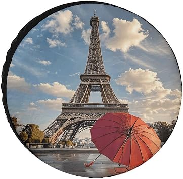 Eiffel Tower with Red Umbrella Tire Cover Universal, Heavy Duty Oxford Fabric Spare Tire Cover, Waterproof Wheel Protector for SUV, Truck, RV, Camper, Dust/Snow/Sun Protection, 28inch