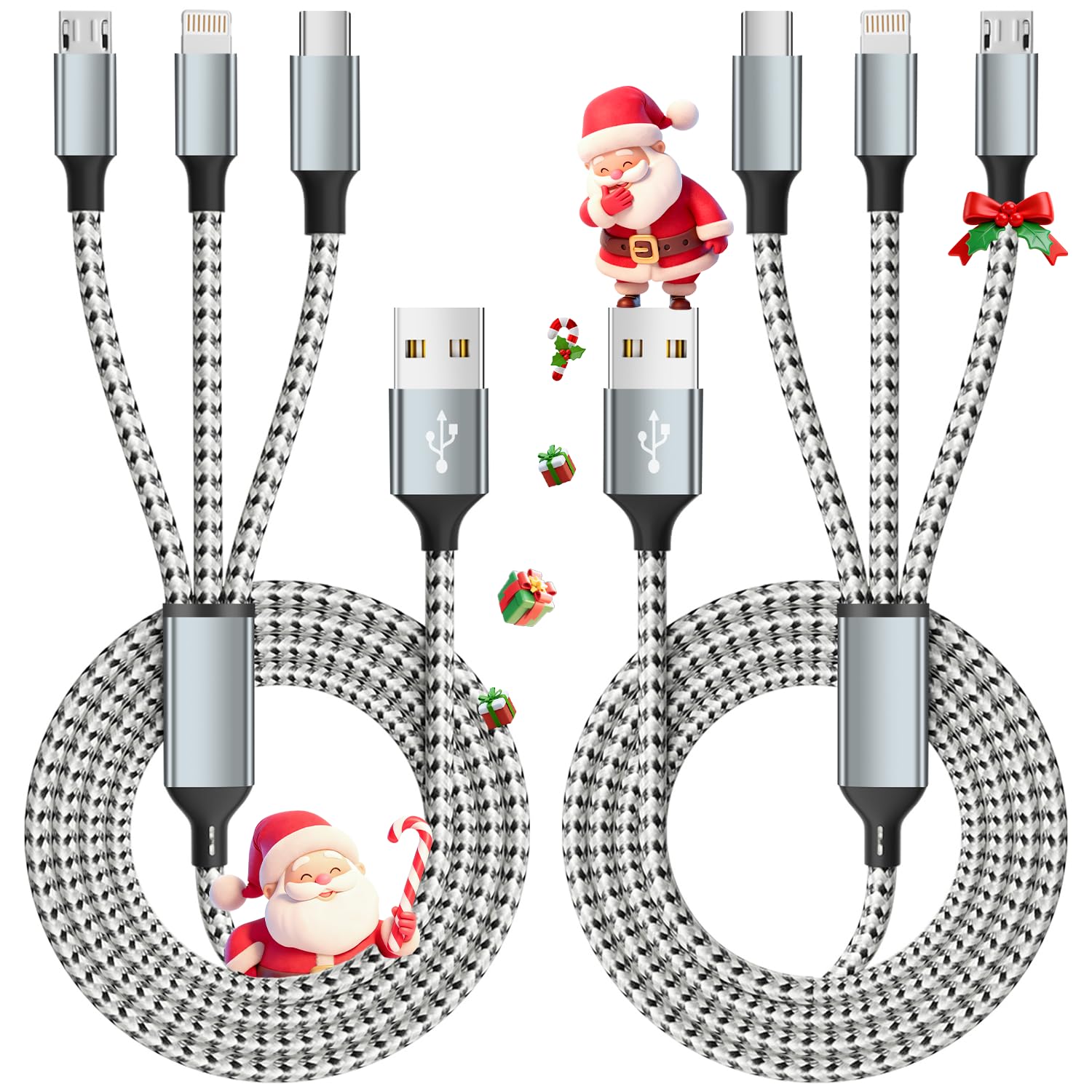 Multi-Ladekabel, 2 Stück, 1,2 m, Multi-USB-Ladekabel, 3-in-1-Ladekabel, Nylon, geflochtenes Schnellladekabel mit Typ-C, Micro-USB, Lightning, IP-Port für die meisten Handys/iPads/iPhones/Tablets
