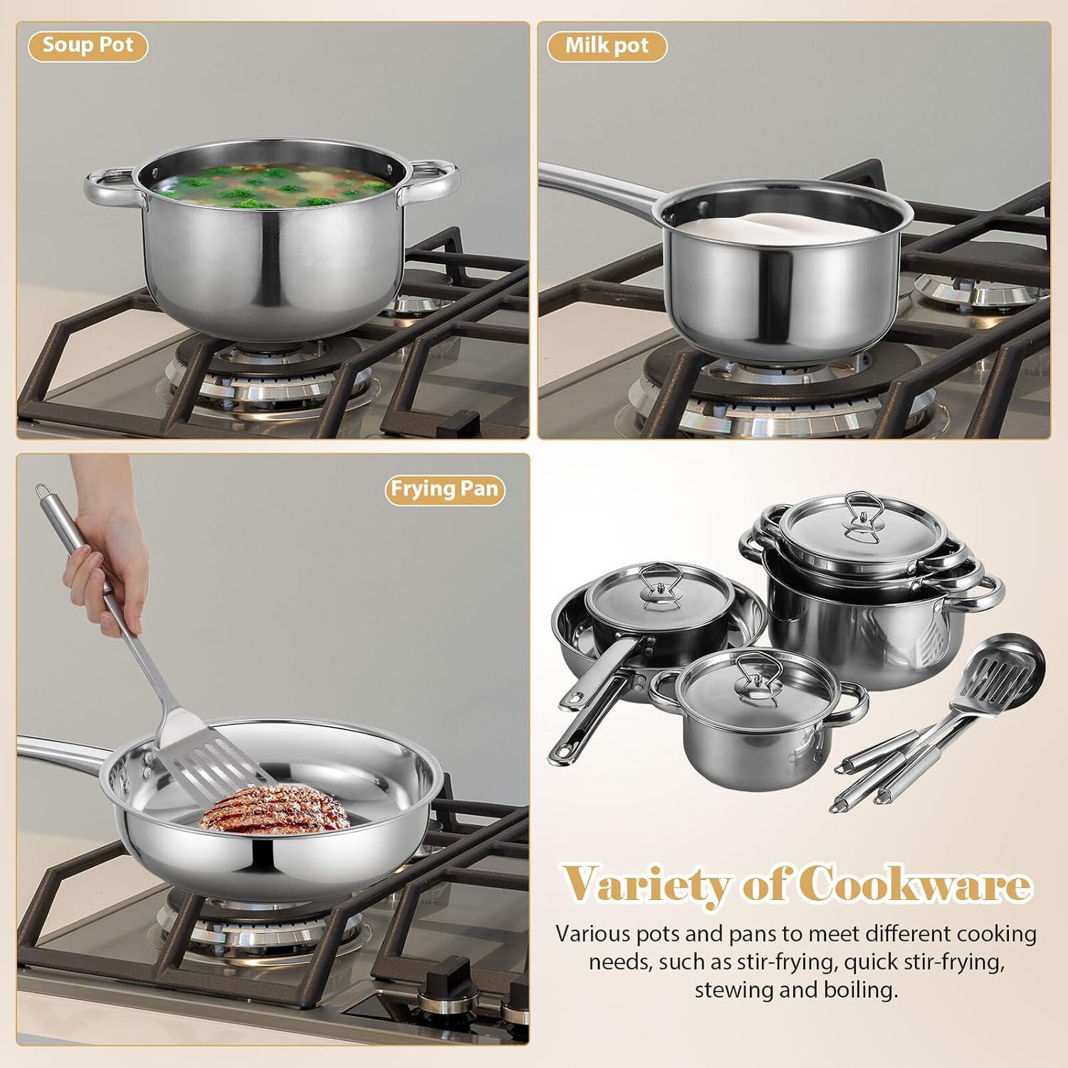 VANZACK 15pcs Stainless Steel Cookware Set with Saucepans and Frying Pans, Composite Bottom Induction Pots, Dishwasher Safe Kitchen Cooking Utensils Set for Home Use