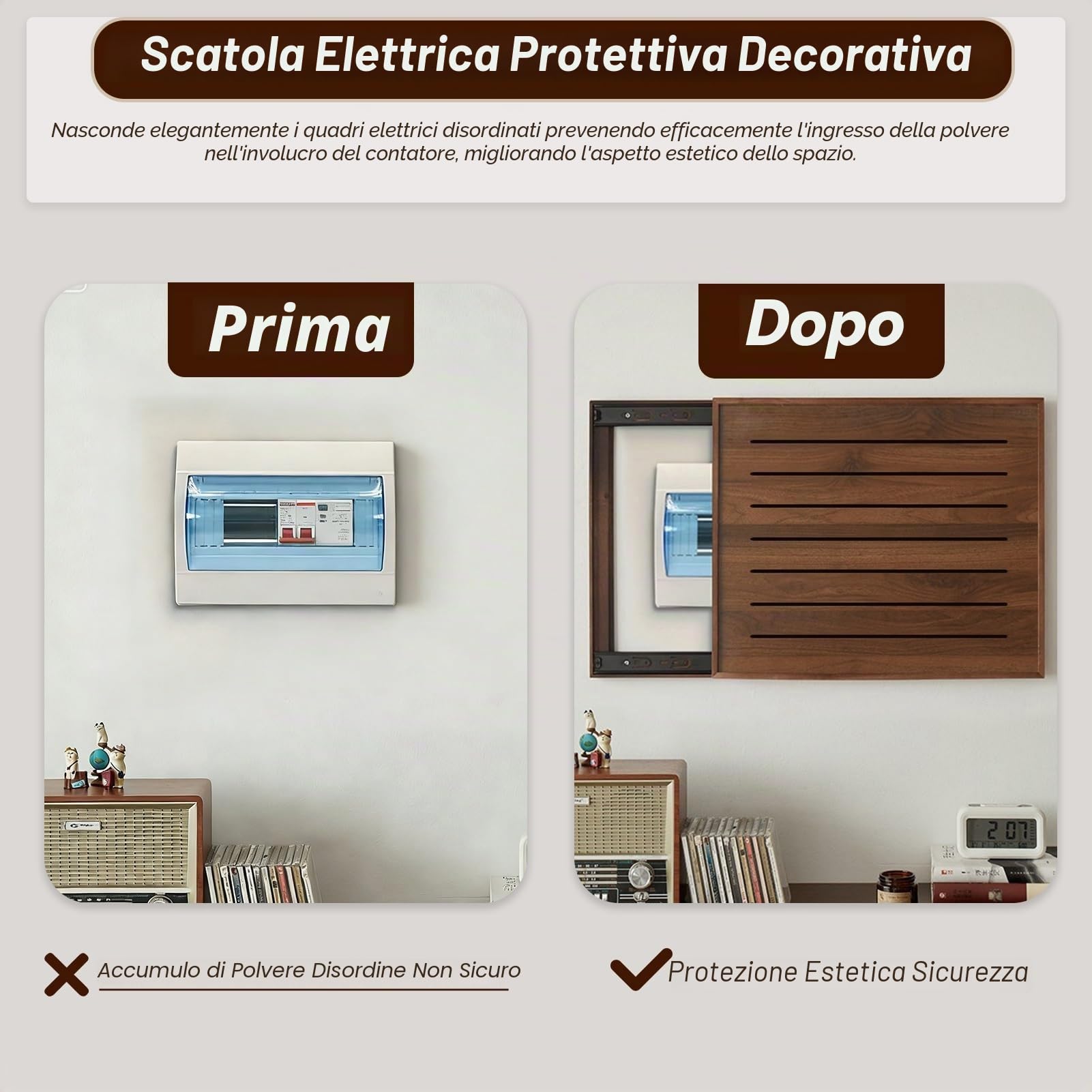 Copri Quadro Elettrico Coperchio per Quadro Elettrico, Copertura Decorativa Scatola Dei Fusibili, Pannello A Scomparsa Interruttori Automatici A Pressione.(Left Walnut,40x30cm/16x12in)