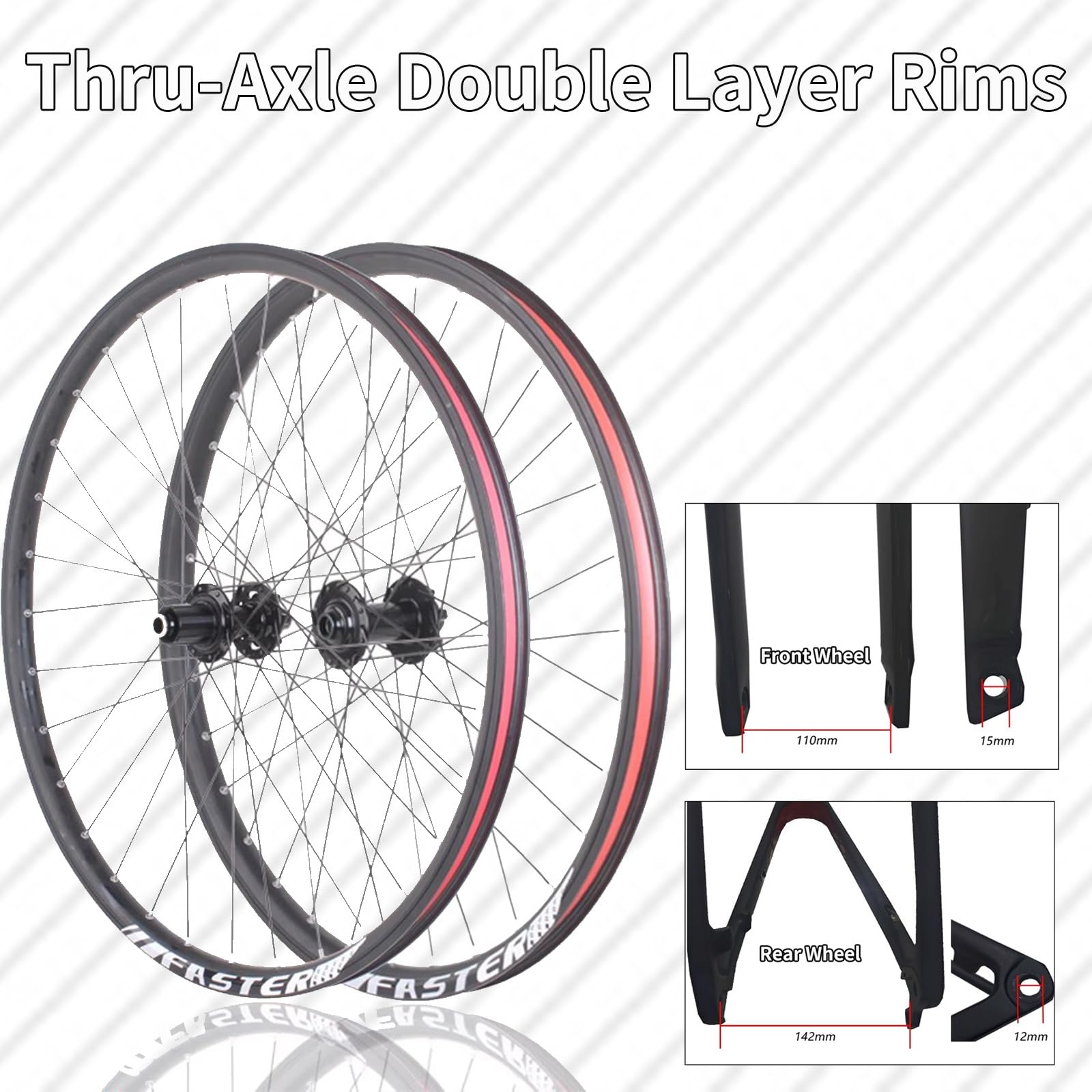 24/26/27,5/29" MTB zestaw kół jezdnych z osią wtykową (110 x 15 mm / 142 x 12 mm), aluminiowa dwuwarstwowa felga, 32 otwory, piasta hamulca tarczowego do kaset od 8 do 12 rzędów