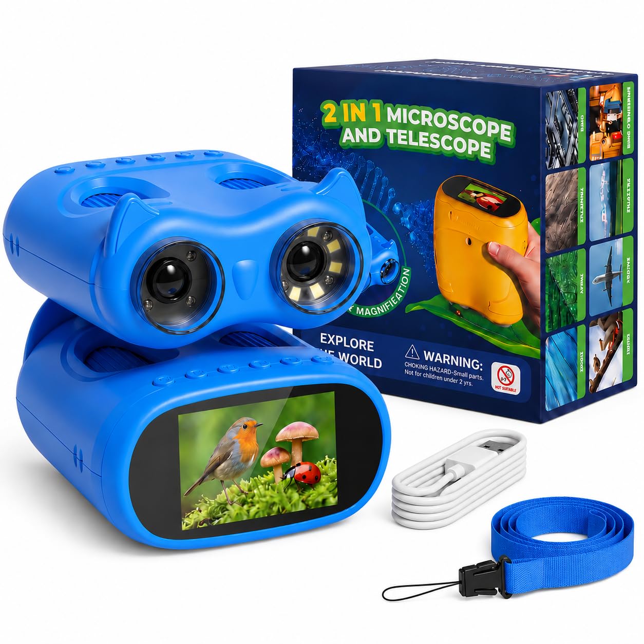 OAEBLLE Microscopio Bambini 2in1 con Binocolo, 1000X, 1080P HD, 3+ | Foto e Video, Batteria 600mAh, Ingrandimento 10X in Modalità Binocolo, Distanza 3-1000 m, Schermo IPS da 2", 8 Luci LED