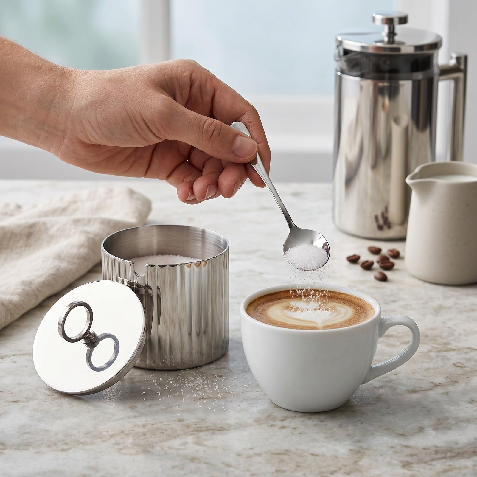 Cocoarm Azucarero de Acero Inoxidable Recipiente para Condimentos de Acero Inoxidable 304 con Tapa y Cuchara 10,5 X 7,5 Cm para Sal, Azúcar, Especias en el Hogar, Cocina, Cafetería, Hotel