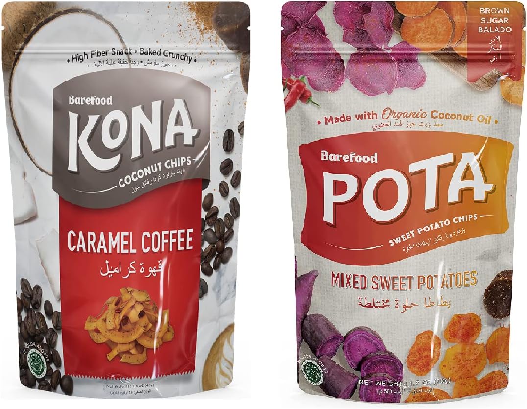 Barefood combo of Kona Coconut Chips Caramel Coffee(45gm) and Pota mixed sweet Potato Chips Brown Sugar Balado Flavour (50gm) / Gluten Free/Healthy Snacks (pack of 2)