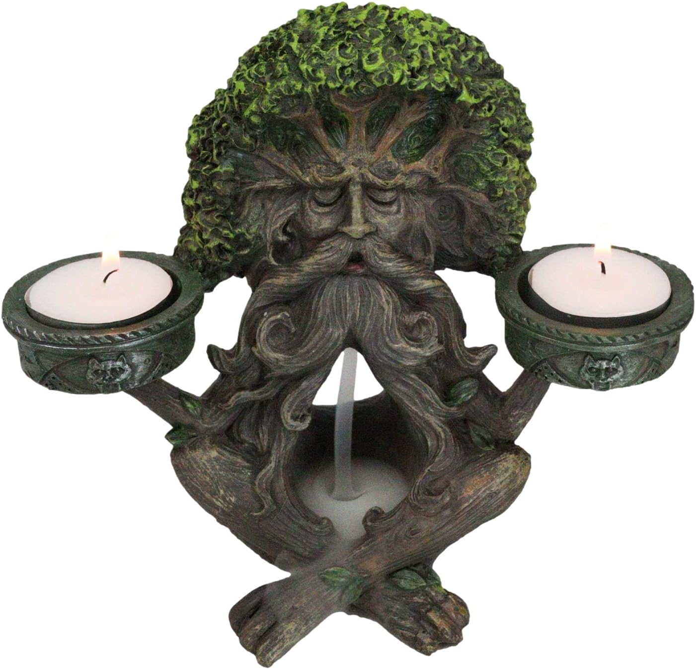 Ebros Gift Mystic Forest Celtic Greenman Tree Man God Ent Meditating Waterfall Smoke Backflow Incense Cone Burner and Double Votive Candleholders Figurine Horned God Tree of Life