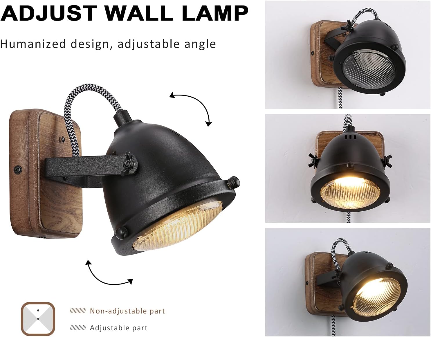 Rеvіеw Dіѕсоunt Industrial Black Plug in Cord Wall Sconce, Vintage Rotatable LED Indoor Wall Lamp with Wood Base - Adjustable Shade Rustic Wall Mounted Lights for Bedroom, Living Room,Porch(Black, GU10 Bulb Included)