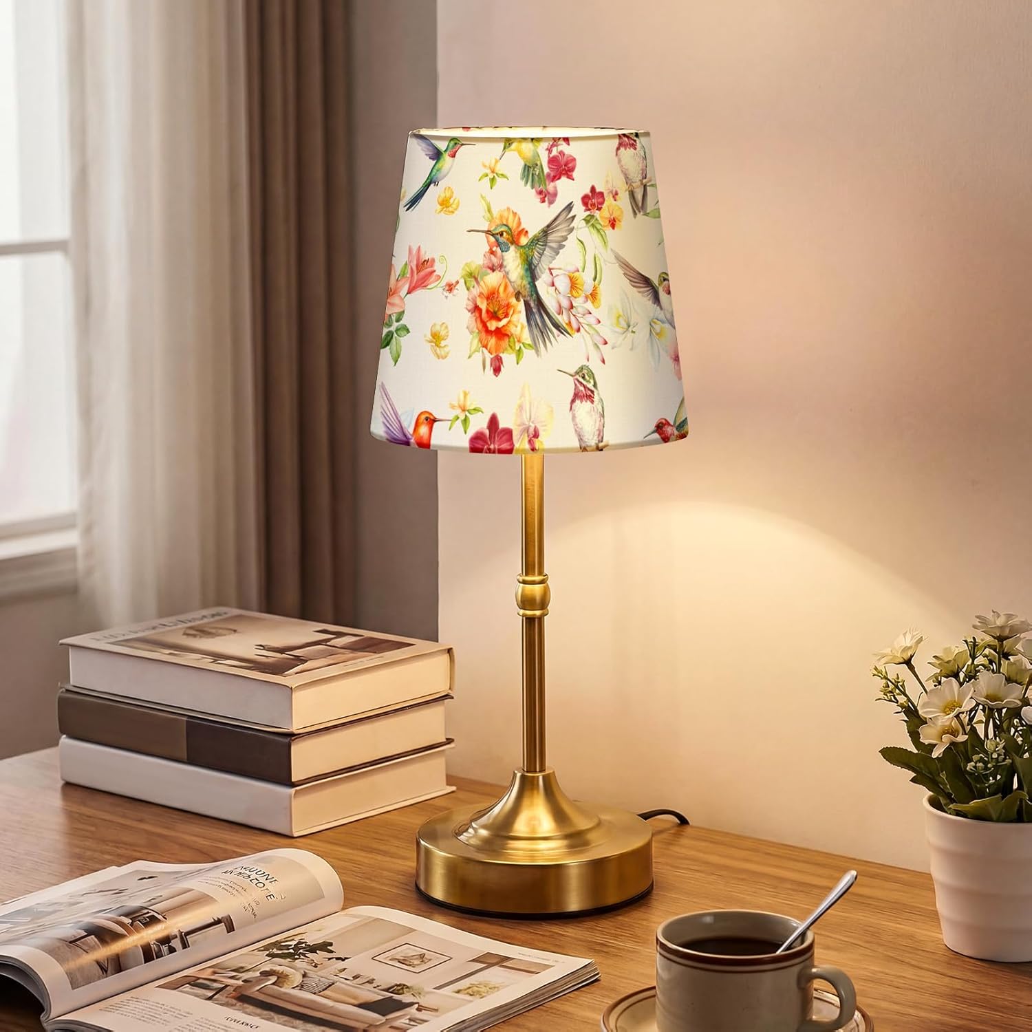 Huquary Cordless Table Lamp for Bedroom Bedside Bird Floral Linen Lampshade with Rechargeable Table Lamp Hummingbird Flower Desk Light for Farmhouse Boho Vintage Nightstand Living Room Home Decor