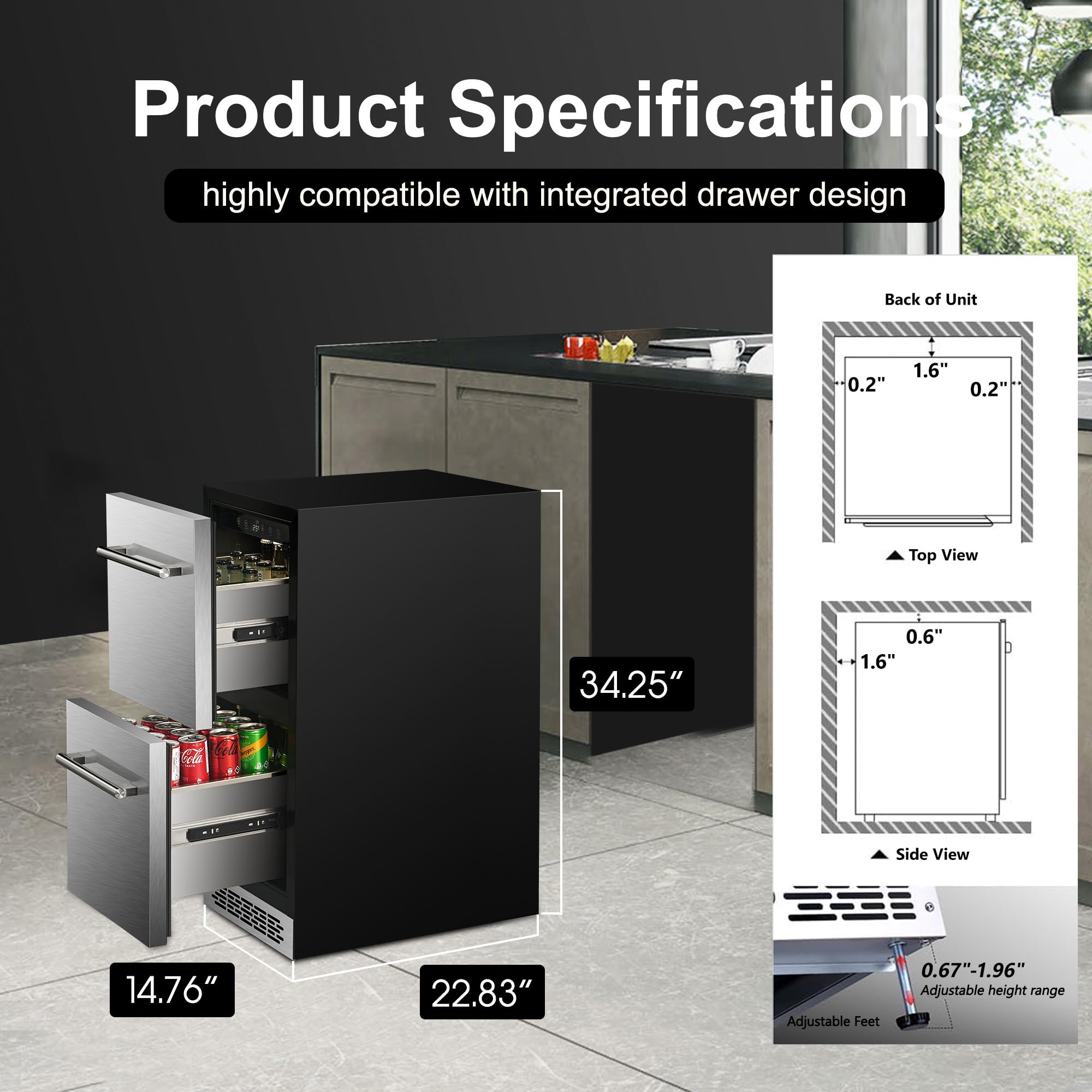 Vesgolden 15 Inch Double Drawer Refrigerator,Under Counter Beverage Fridge For Indoor Outdoor Kitchen,3.39 Cu.Ft. Waterproof Silver&Black Stainless Steel Refrigerator on Fridge.com - View 5