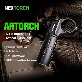 NEXTORCH ARTORCH 1600 Lumen Tactical Flashlight 300m Long-Range LED Torch | Compact EDC Rechargeable Light with Integrated Ring, IP68 Waterproof, Roller Switch with Strobe for Outdoor, Camping, Hiking