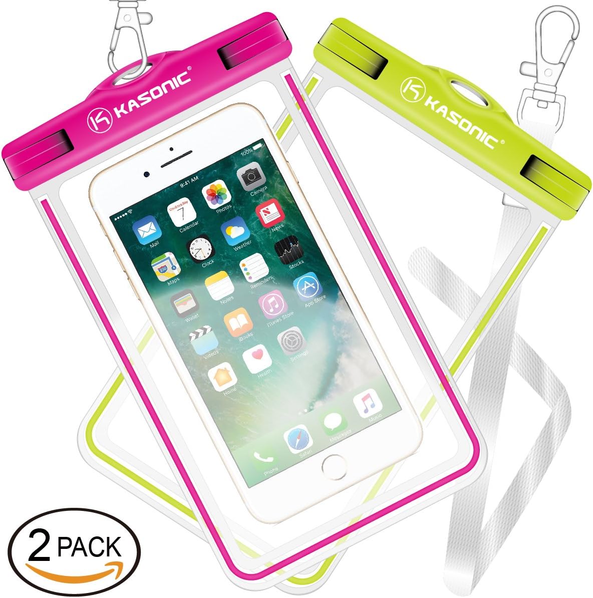 Waterproof case, Kasonic Universal Waterproof Bag Pouch, Clear Sensitive Touch Screen, for iPhone 7/6/6S Plus/5/5s/5c Galaxy S7/S7 Edge/S6/S5/S4 Note 4/3 LG G5/G3 (Green & Pink)