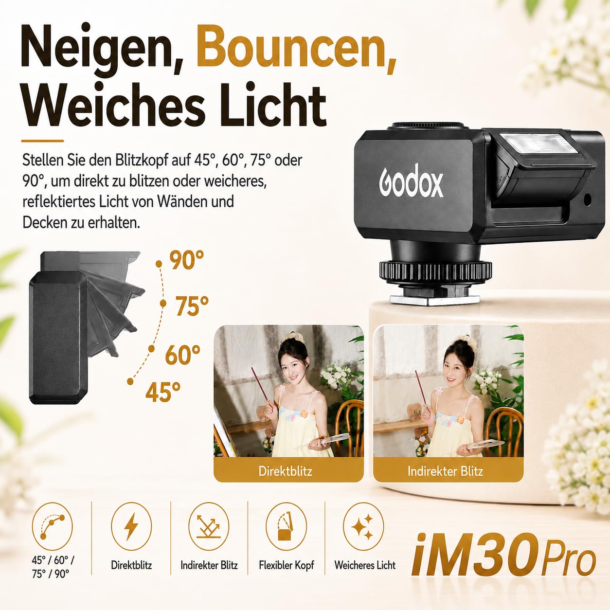 Godox iM30Pro iM30 Pro Mini Kamerablitz, GN15 Kamera Blitz, Auto & M Modus | 550 Blitze, 1,5s Recycling, USB-C, Einzelkontakt-Blitzschuh für Sony Canon Nikon Fujifilm Olympus Ricoh Leica Panasonic