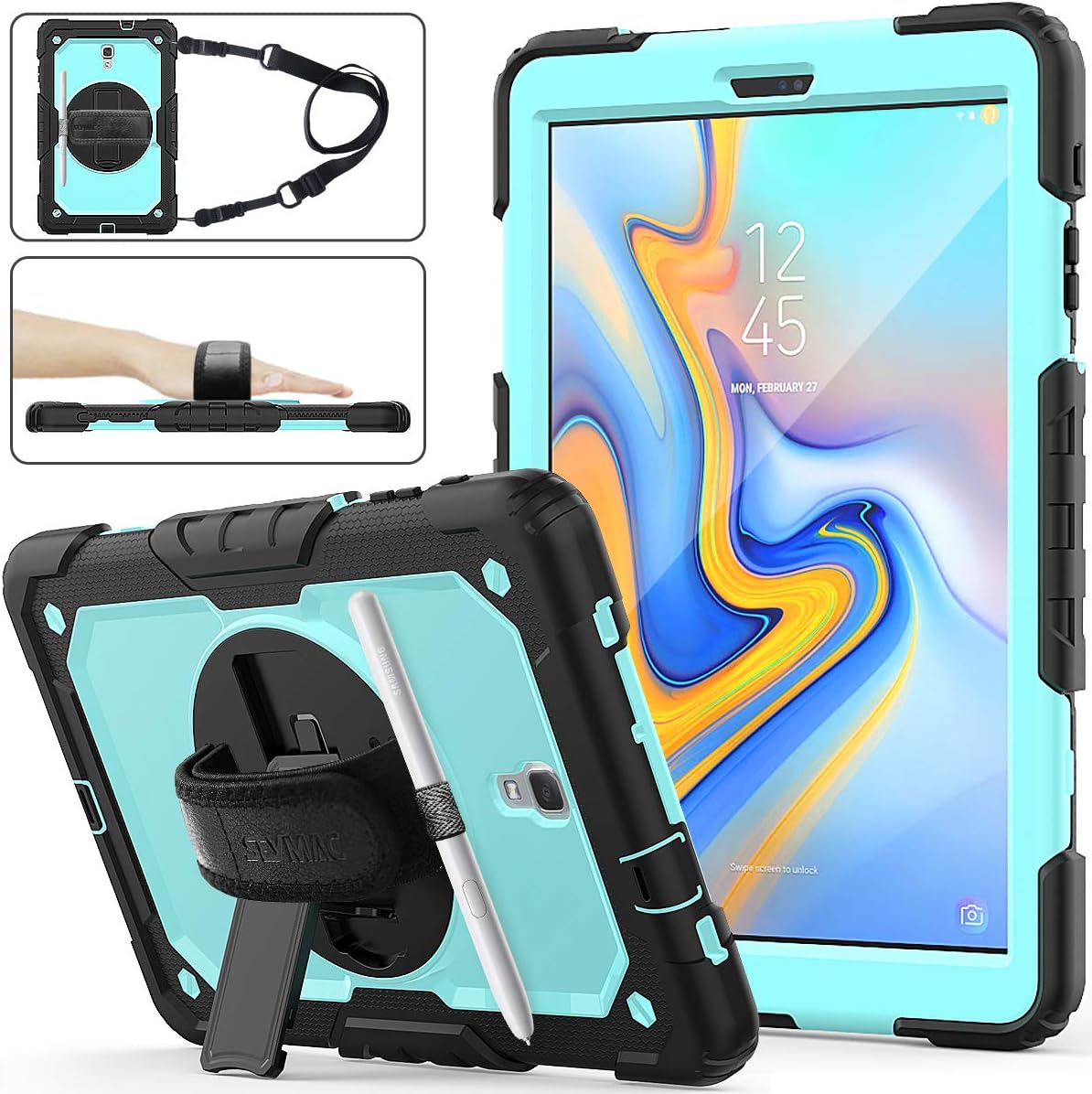 Samsung Galaxy Tab A 10.5 T590/T595/T597 Case 2018, [Full-Body] & [Shock Proof] Armor Protective Case with 360 Rotating Stand & Strap for Samsung Galaxy Tab A 10.5 T590/T595/T597(SkyBlue+Black)