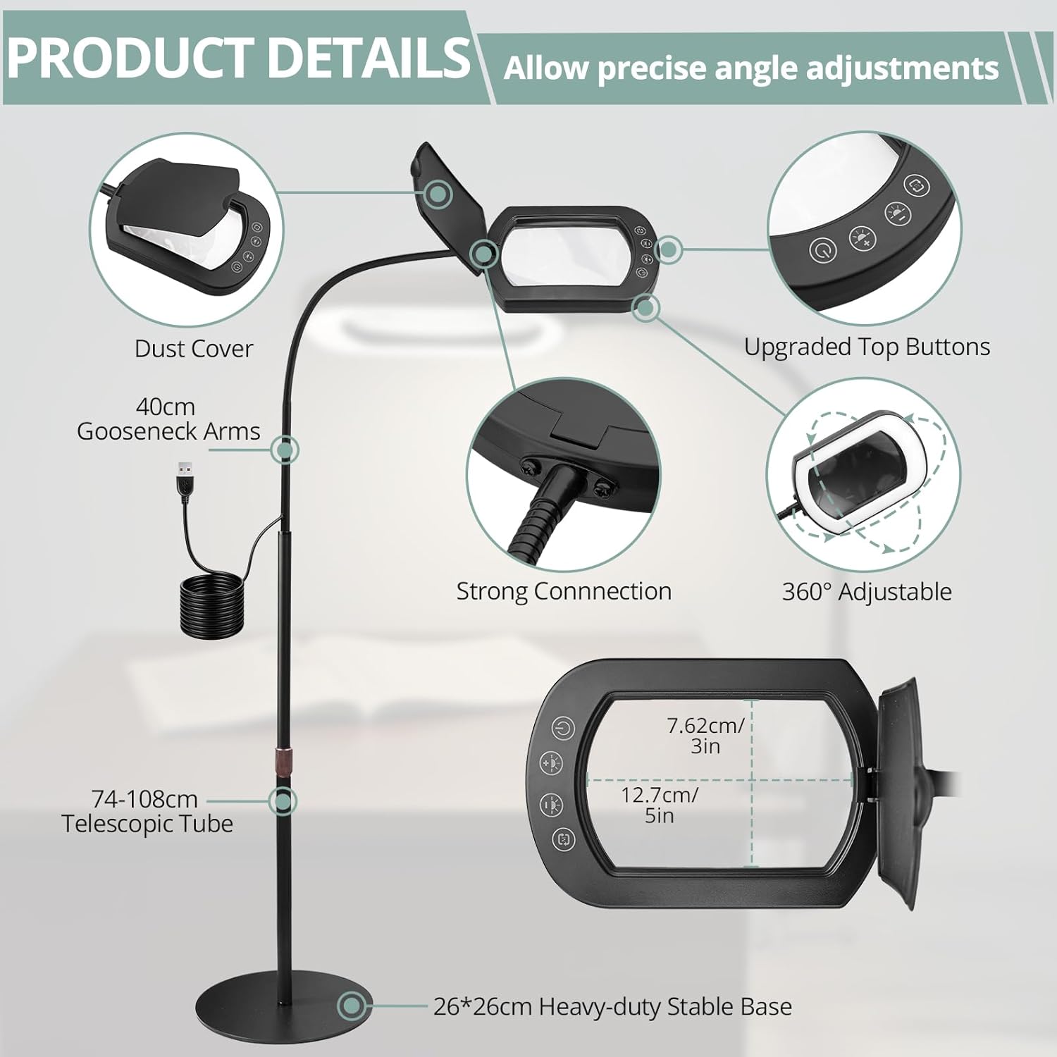 COLFULINE 10X Magnifying Glass Floor Lamp, Adjustable Dimmable LED Magnifier Floor Lamp with Clamp, 5 Color Modes & Stepless Dimming, Heavy Base & Flexible Gooseneck for Reading, Sewing, Crafts