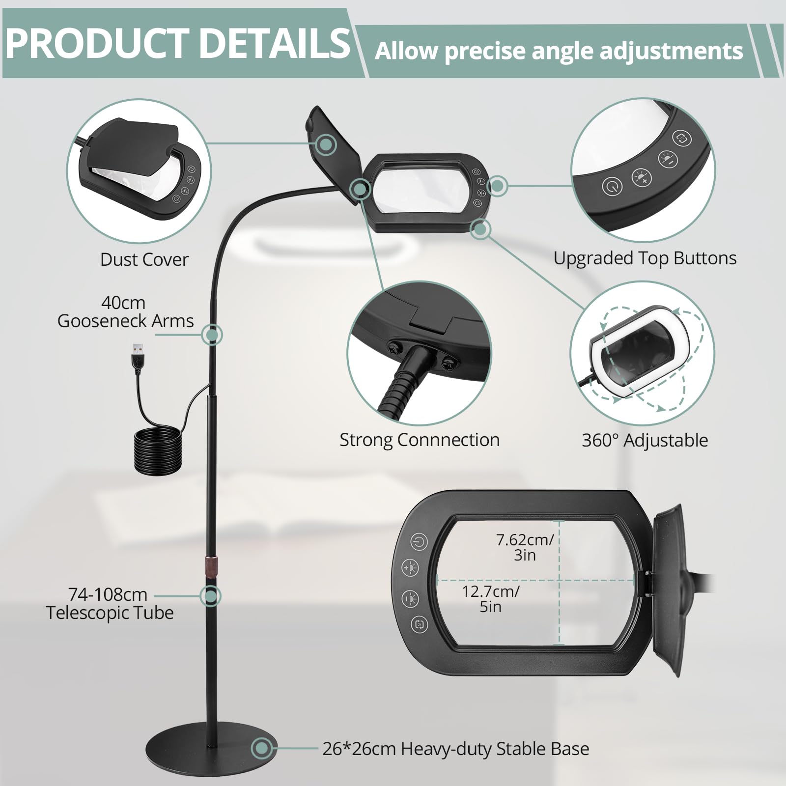 COLFULINE Loupe 10X avec lumière et support, 5 températures de couleur et 5 niveaux de luminosité, hauteur réglable, lampe loupe LED à intensité variable pour travaux manuels, lecture, couture et