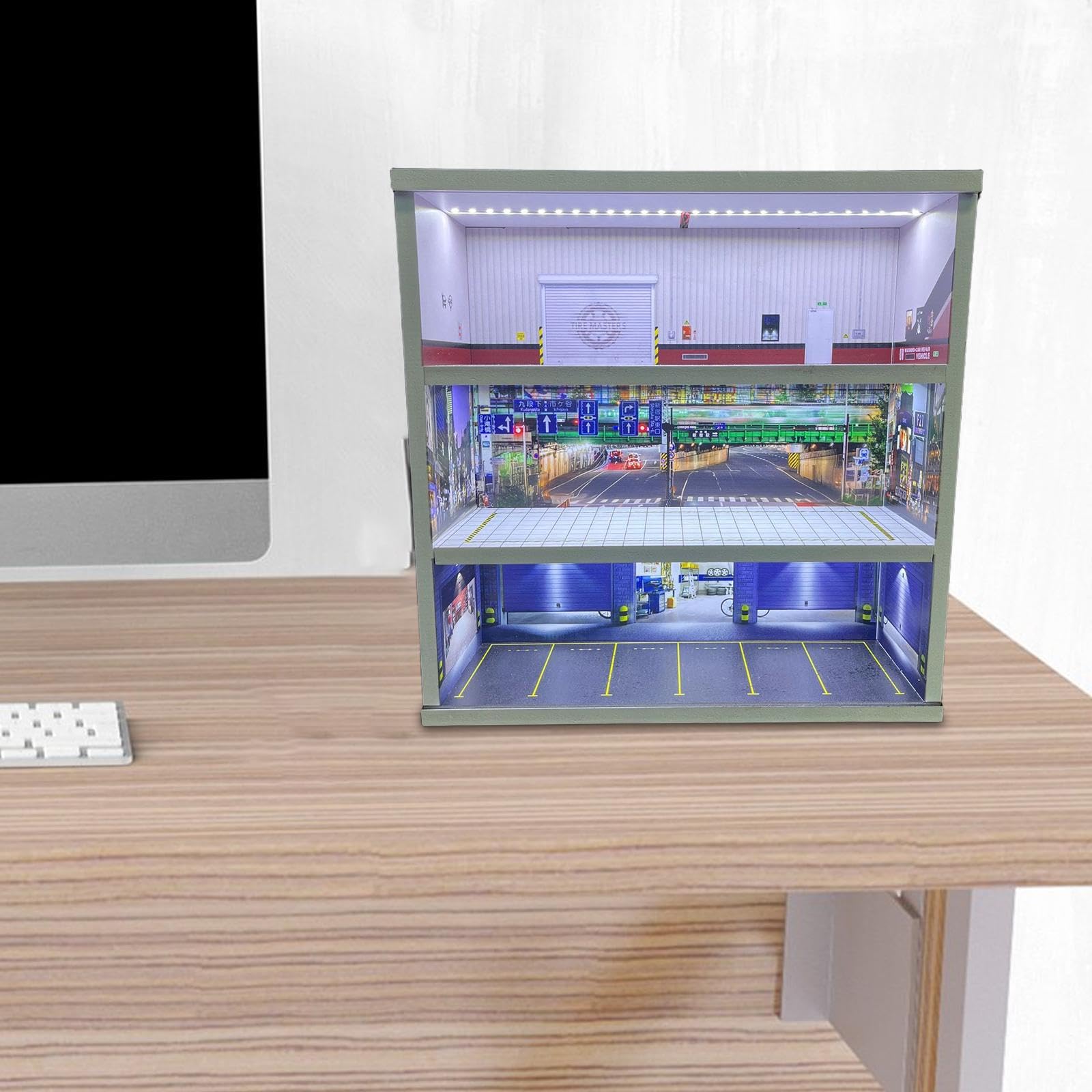 Vitrine für Modellautos, Dioramen, Garagendekorationen, Mikrolandschaften, Acryl mit Beleuchtung, Geeignet für Sammler, Style D