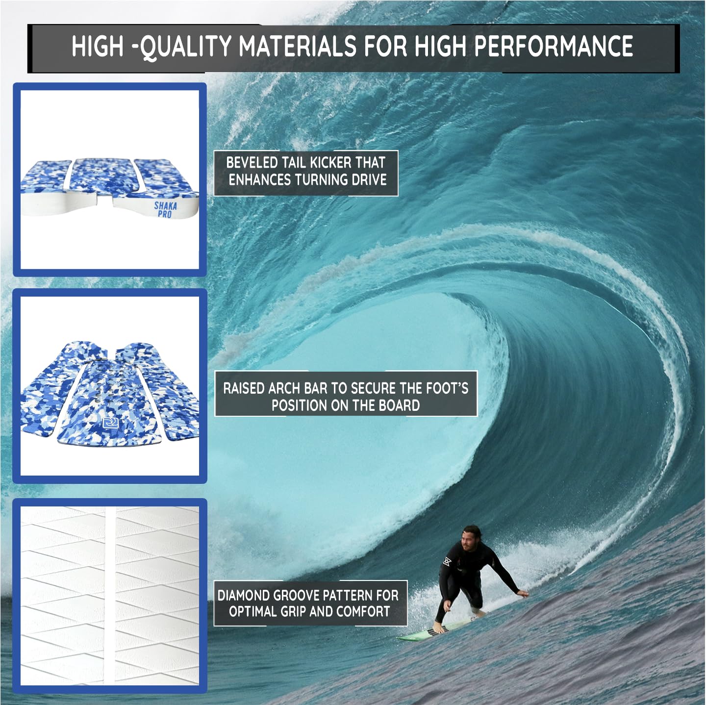 Shaka Pro Patins de traction en EVA pour planche de surf (avant et arrière) – 7 pièces réglables avec adhésif 3M – Grip Max Diamond avec kicker et barre d'arche – Convient à toutes les tailles de
