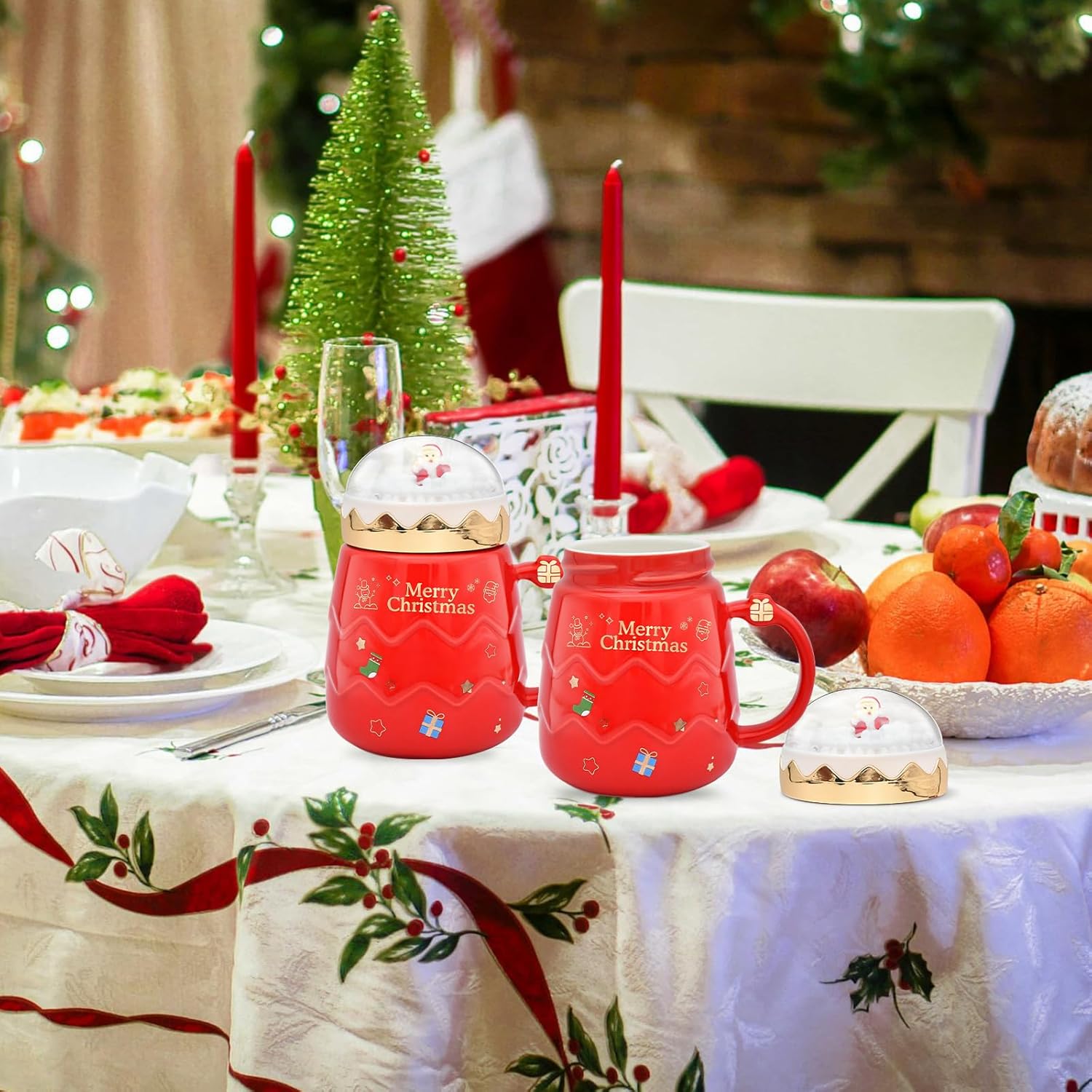 17.6 oz Christmas Mug with Winter Snow Globes Lid Decorations, Large Cute Festive Ceramic Coffee Cup, Winter Xmas Birthday Tabletop Drinkware Teacup Gifts for Adults Kids Men Women (Red) - Image 6