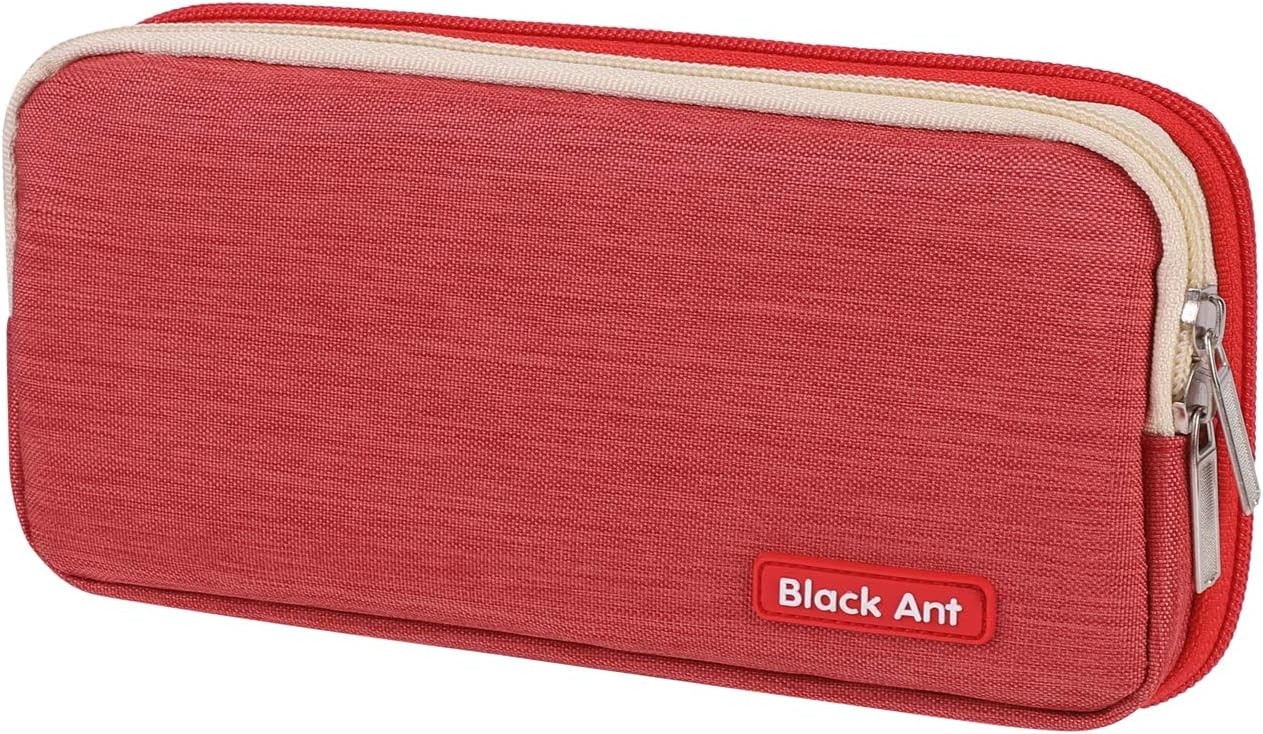 筆箱 ペンケース 学生 ペンポーチ ダブルポケット ファスナー ペンホルダー 仕切り付き メッシュポケット 無地 おしゃれ 文具ケース 色鉛筆入れ ペンシル収納 使いやすい 鉛筆バッグ 人気 学用品 レッド