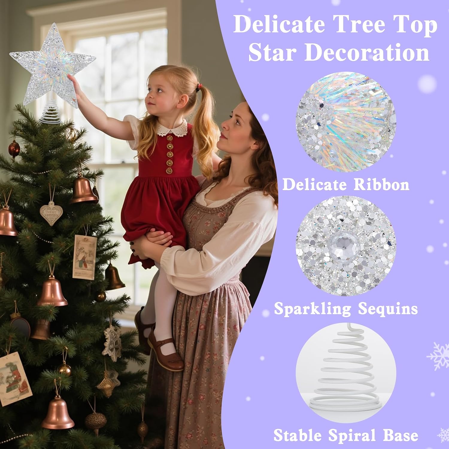 Lewondr Christmas Tree Topper, 3D Glitter Star Tree Topper with 30 LEDs & Remote Control, 8 Lighting Modes, Auto Timer, USB Powered, Christmas Tree Decoration for Home Party, Silver