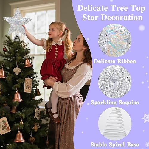 Miniatura 33 de Lewondr Decoración para árbol de Navidad, control remoto alimentado por USB, temporizador de 6 horas, estrella de árbol controlada con luces y Plata