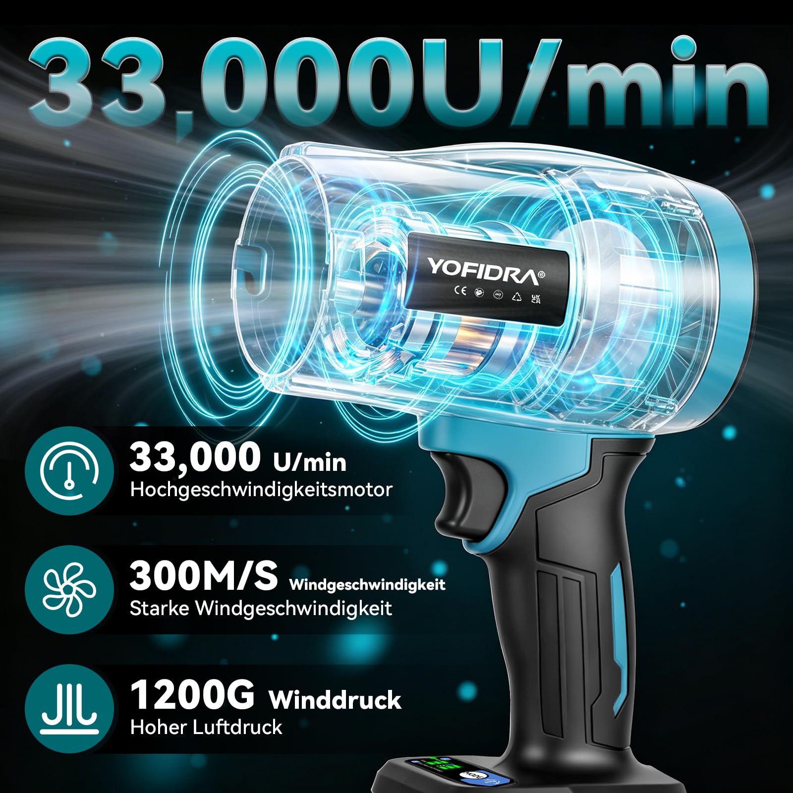 Yofidra Upgrade Turbo Gebläse Akku, Bürstenloses Laubbläser Akku, 300m/s Jet Fan mit 2 Akkus, 3 Gang, 4 Düsen, 33,000RPM Turbo Fan für Laubblasen Auto Laub, Schnee, Staub