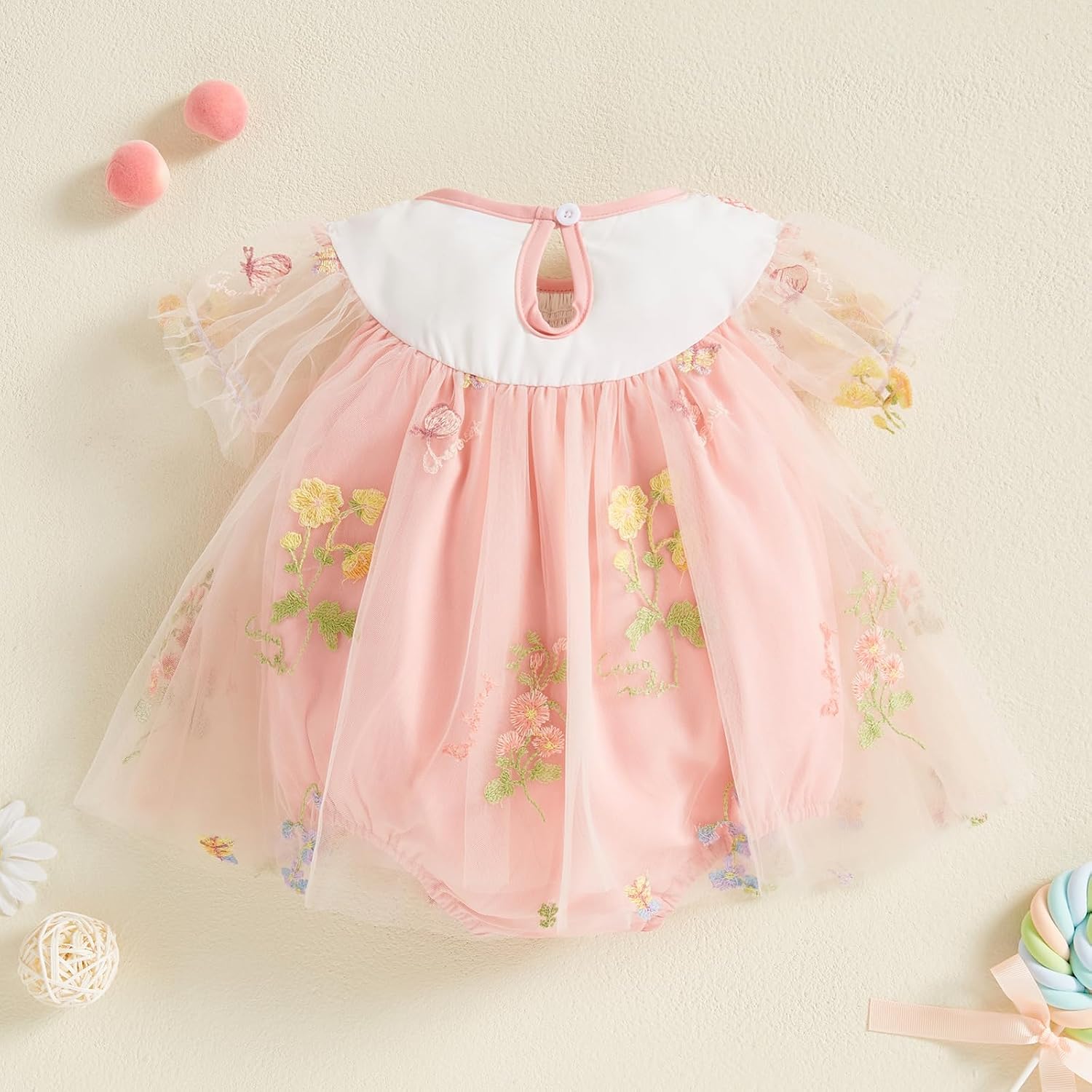 SAYOO Baby Girl Smocked Romper Flower Embroidery Bubble Romper Bodysuit Mesh Tulle Princess Dress Skirt Cake Smash Outfit